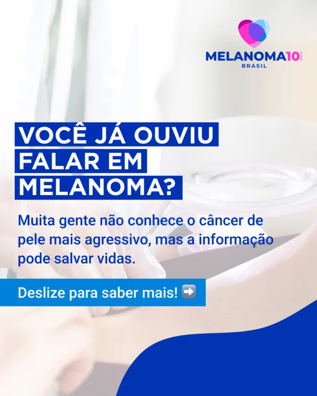 🛑 Você sabe o que é melanoma? 🛑
É o tipo mais letal de câncer de pele e pode se espalhar rapidamente para outros órgãos.  Mesmo assim, 78% dos brasileiros desconhecem a doença!

A boa notícia? Se diagnosticado no início, as chances de cura ultrapassam 90%! E o melhor: o melanoma pode ser prevenido com medidas diárias de proteção solar. 

📲Quer saber como identificar sinais suspeitos e proteger sua pele? Arrasta para o lado!

📢 A informação pode salvar vidas! Curta, comente e compartilhe para que mais pessoas conheçam o melanoma e saibam como se prevenir.

🚨 Siga @melanomabrasil para saber mais sobre proteção solar e prevenção!

#melanoma #câncerdepele #melanomabrasil #proteçãosolar #protetorsolar